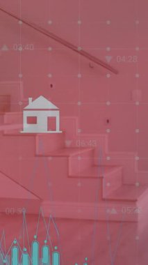 Ev üzerinde çin bayrağı ve veri işleme animasyonu. küresel iş, finans ve dijital arayüz kavramı dijital olarak oluşturulmuş video.