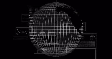 Siyah arkaplan üzerinde veri ve numaralarla dönen dijital dünyanın animasyonu. Küresel, teknoloji, ağ oluşturma, geleceksel, bilgi
