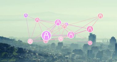 Şehir manzarası animasyonu üzerinden bağlı ikonlar ağıyla dijital iletişim konsepti. Teknoloji, ağ oluşturma, bağlantı, akıllı şehir, yenilik, veri