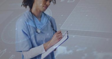 Panoya yazma, sağlık hizmetleri uzmanı dijital veri animasyonu örtüşüyor. technology, innovation, analysis, diagnostics, medical, research