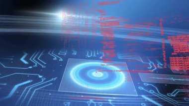 Devre şablonları ve kırmızı kodlama metin animasyonu ile gelecekçi dijital arayüz. Teknoloji, yenilik, ağ, sanal