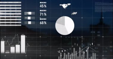 Dünya haritası ve manzarasının animasyonu üzerine finansal veri grafikleri ve grafikleri kaplanıyor. Finans, analitik, küresel, istatistik, ekonomi, görselleştirme