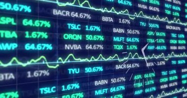 Hisse senedi piyasası grafikleri dalgalanan yüzdeleri ve şirket sembollerini gösteriyor. finans, yatırım, ekonomi, ticaret, büyüme, analiz
