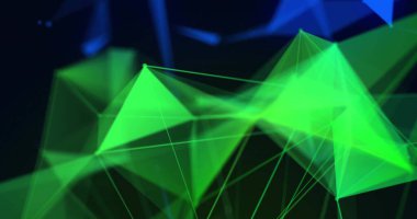 Siyah arkaplanda yeşil ve mavi bağlantıların görüntüsü. Dijital olarak oluşturulmuş küresel bağlantılar, şekiller ve dijital arayüz kavramı.