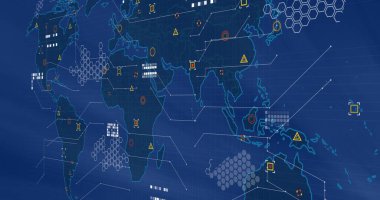 Veri noktaları ve ağ bağlantıları olan dünya haritası. Küresel, bağlantı, teknoloji, analiz, görselleştirme, düğümler