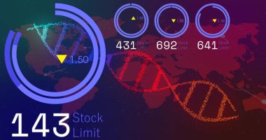 Dünya haritası ve DNA ipliği üzerindeki veri işleme ve diyagramlarının resmi. Küresel iş ve dijital arayüz kavramı dijital olarak oluşturulmuş görüntü.