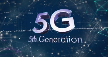5g 5. nesil metin üzerindeki bağlantı ağının resmi. Dijital olarak oluşturulmuş küresel bağlantılar, hesaplama ve veri işleme kavramı.