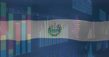 El Salvador bayrağı, finansal haritaları ve grafikleri animasyon elemanlarıyla kaplıyor. Ekonomi, finans, ticaret, uluslararası, yatırım, veri