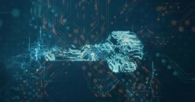 Animasyonda, dijital devre deseni okulda siber güvenlik için anahtar şekil oluşturuyor. Teknoloji, yenilik, eğitim, gelecek, koruma, ağ