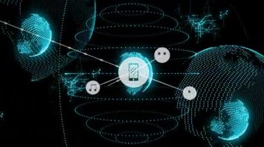 Dünya çapında bağlı aygıtlar ve veri simgeleriyle dijital ağın animasyonu. Bağlantı, teknoloji, iletişim, küresel, ağ, internet