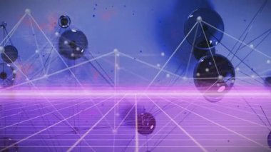 Izgara arka planında parlayan çizgilerle birbirine bağlı dijital kürelerin animasyonu. Ağ, bağlantı, teknoloji, gelecek, siber uzay, neon