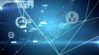 Dijital arayüz arkaplanındaki ağ bağlantılarını gösteren veri işleme animasyonu. Teknoloji, gelecek, iletişim.