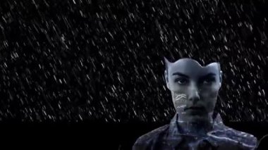 Dijital yağmur animasyonu, fütüristik kaplama etkisi olan ciddi bir insan üzerinde. Teknoloji, siber, gelecek, yenilik, veri, matris