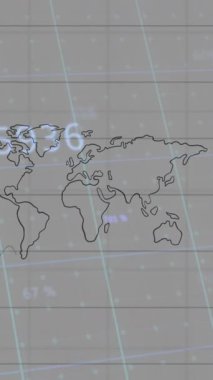 Gri arkaplan üzerinde ızgarası olan dünya haritasındaki çizgilerle istatistik işleme animasyonu. küresel nakliye, iş ve veri işleme kavramı dijital olarak oluşturulmuş video.