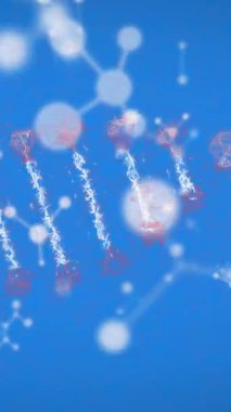 DNA iplikçiklerinin dönmesi ve mavi arka plandaki moleküllerin canlandırılması. Bilim ve araştırma konsepti dijital olarak oluşturulmuş video.