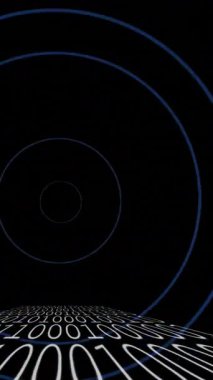 İkili kodlama animasyonu ve siyah arkaplanda daireler. küresel teknoloji ve dijital arayüz kavramı dijital olarak oluşturulmuş video.