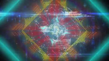 Ağ bağlantıları ve veri işleme animasyonlarıyla çevrili dijital dünya. Teknoloji, görselleştirme, fütüristik, iletişim, internet, yenilik