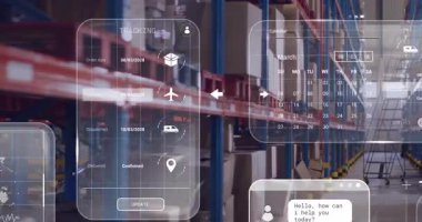Depoda, dijital arayüz animasyondaki düzen detaylarını ve analizleri gösteriyor. Lojistik, envanter, nakliye, veri, tedarik zinciri, otomasyon