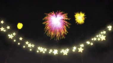 Gece gökyüzü animasyonunda parıldayan yıldız şeklindeki ışıkların üzerinde renkli havai fişekler patlıyor. Kutlama, patlayıcı, canlı, gece manzarası, havai fişekler, şenlik