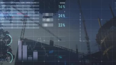 Vinçler ve inşaat alanı veri tabloları ve dünya haritası animasyonlarıyla örtülüydü. Geliştirme, mimari, ilerleme, küresel, altyapı, analitik