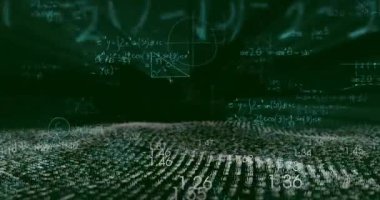 Matematiksel denklemlerin ve grafiklerin yeşil renklerde dijital ortamda canlandırılması. Teknoloji, matematik, görselleştirme, veri, fütüristik, soyut