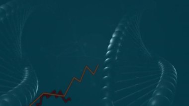 Koyu mavi arka planda DNA iplikçiklerinin ve finansal grafik çizgilerinin animasyonu. Biyoteknoloji, finans, yenilik, teknoloji, veri, genetik