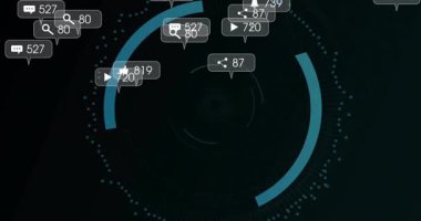 Fütürist tasarımda sosyal medya bildirimlerini gösteren dijital arayüzün animasyonu. Teknoloji, bağlantı, yenilik, iletişim