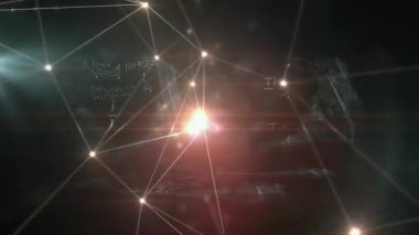 Okulda matematiksel denklemleri aydınlatan parlak ışık ağının animasyonu. Eğitim, teknoloji, dijital, bağlantı, öğrenme, matematik