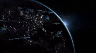 Dijital veri ve yüzeyi kaplayan grafiklerle uzaydan Dünya 'nın animasyonu. Teknoloji, yenilik, fütüristik, küresel, analitik, ağ