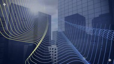 Akan hatları ve animasyon tarzında geometrik desenleri olan şehir manzarası. Soyut, geleceksel, dijital, mimari, tasarım, metropol