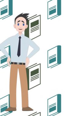 Kitap simgeleri üzerinde konuşan bir adamın animasyonu. Ulusal danışmanlık ayı ve dijital olarak oluşturulan kutlama konsepti.