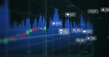 Finansal piyasa grafik animasyonunu kapsayan dijital sosyal medya bildirimleri. Teknoloji, finans, veri