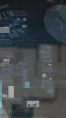 Boş bir depoda finansal veri işleme animasyonu. küresel sevkiyat, dağıtım ve bağlantılar konsepti dijital olarak oluşturulmuş video.