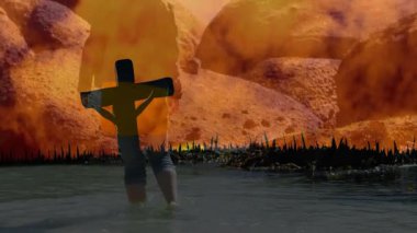 Çarpıcı manzara ve çimen animasyonu ile kızgın gökyüzüne karşı çapraz siluet. Ruhanilik, günbatımı, doğa, sükunet, açık hava