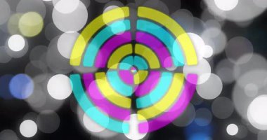 Renkli eşmerkezli dairelerin ve bokeh ışıklarının hareketli desenler oluşturması. Soyut, geometrik, tasarım, arkaplan, dijital, dinamik
