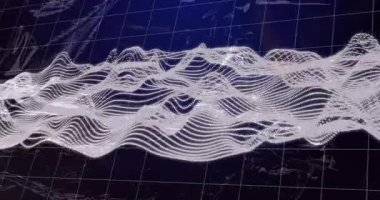 Parlayan dalga formlarının animasyonu ve şebeke arka planı üzerindeki ışıklar, dijital veri konsepti. Fütürist, teknoloji, siber ağ, sanal, matris