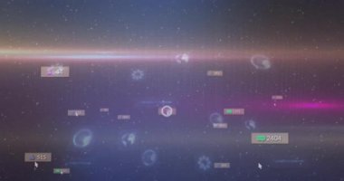 Dijital veriler ve kozmik uzay animasyonunda yüzen sosyal medya simgeleri. Teknoloji, fütüristik, ağ, bağlantı, siber alan, yenilik