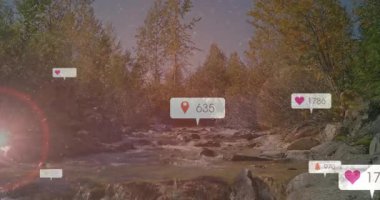 Huzurlu orman ve nehir manzarası üzerinde yüzen sosyal medya bildirimleri. Doğa, bağlantı, teknoloji, sükunet, uyum.