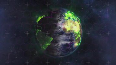 Parlayan yeşil çizgiler, animasyonda dönen Dünya üzerinde dijital bağlantılar oluşturuyor. Teknoloji, dünya, bağlantı, ağ, fütüristik, yenilik