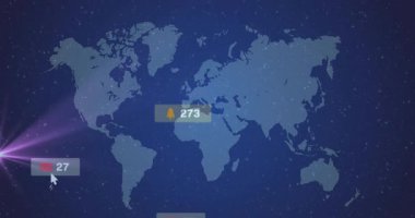 Dünya haritasında uyarı numaralarıyla sosyal medya etkileşim simgelerinin canlandırılması. küresel, iletişim, ağ oluşturma, dijital, bildirimler, katılım