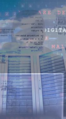Animation of cyber attack warning over hacker in server room. global internet security, connections and data processing concept digitally generated video.