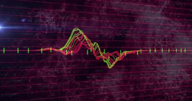 Soyut kırmızı ve siyah şebeke arkaplanı üzerindeki renkli dalga biçimi çizgilerinin animasyonu. dijital, dinamik, ses, teknoloji, geleceksel, model