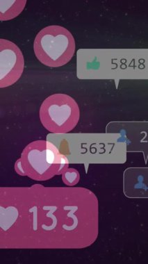 Sosyal medya simgelerinin ve numaraların canlandırılması arka planda aşk ikonları. küresel sosyal medya, bağlantılar ve dijital arayüz konsepti dijital olarak oluşturulmuş video.