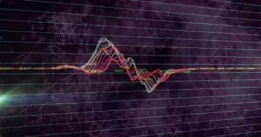 Mor arkaplandaki sayısal verilerle renkli dalgalanan çizgi grafiğinin animasyonu. İstatistik, analitik, dijital, veri görselleştirme, teknoloji, finans