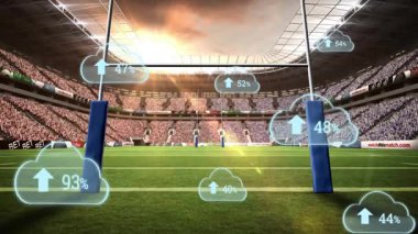 Dijital bulut verileri rugby stadyumunda yüzdelerle ve oklarla örtüşüyor. Teknoloji, spor analizleri, büyük veriler, istatistik, yenilik, ağ oluşturma
