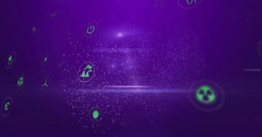 Sürdürülebilirlik kavramları için mor üzerine DNA iplikçiklerinin ve çevresel simgelerin animasyonu. Genetik, ekoloji, doğa, biyoloji