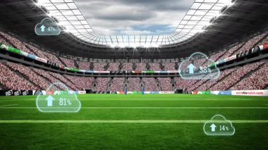 Futbol stadyumu animasyonunun dijital bulut verileri ve istatistikleri örtüşüyor. Teknoloji, yenilik, spor, analiz, strateji, dijital dönüşüm