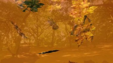 Düşen sonbahar yaprakları, ormanın arka planında sıcak turuncu tonlarla canlanıyor. Yeşillik, doğa, manzara, mevsimlik, ağaçlık, sükunet