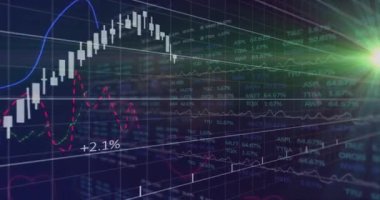 Animasyon, finansal eğilimli değişken borsa verileri ve grafikleri gösteriyor. Maliye, yatırım, analitik, ekonomi, istatistik, dalgalanma