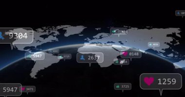 Dijital dünya haritası animasyonu üzerinde yüzen sosyal medya etkileşim simgeleri. Ağ, teknoloji, bağlantı, iletişim, küresel, çevrimiçi
